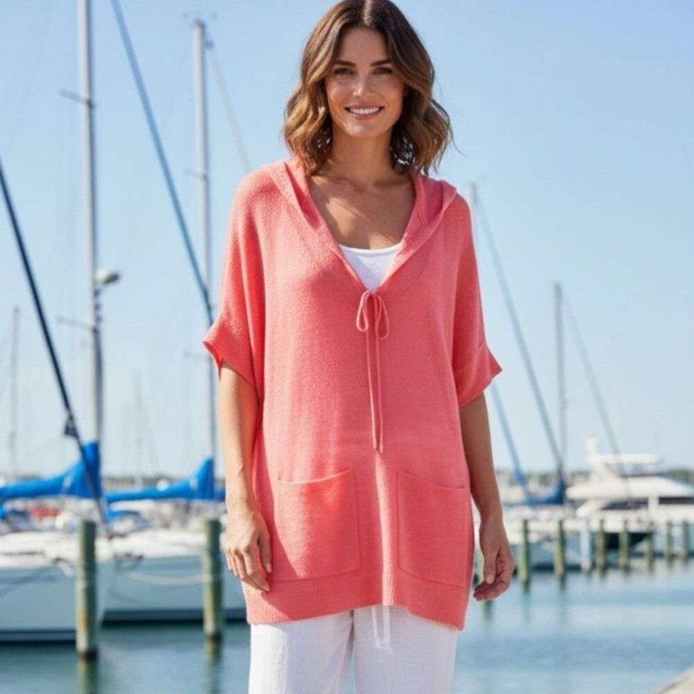 White + Warren Cashmere Old Money Short Sleeve Sweater Womens M/L Hooded Pink